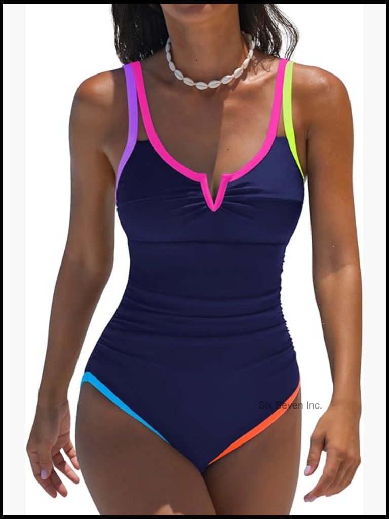 One Piece Swimsuit With Tummy Control Ruched Midsection Square V Neck